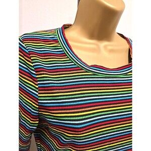Ribbed Top Sz Lge Rainbow Striped Long Sleeve Bright Pride Retro Casual Colorful